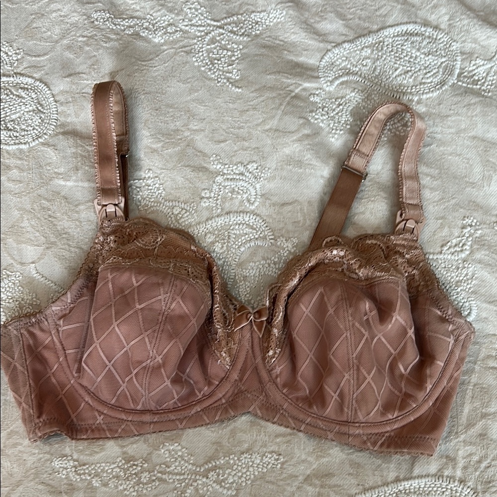 Tan Satin Underwire Bra with Lace Trim
